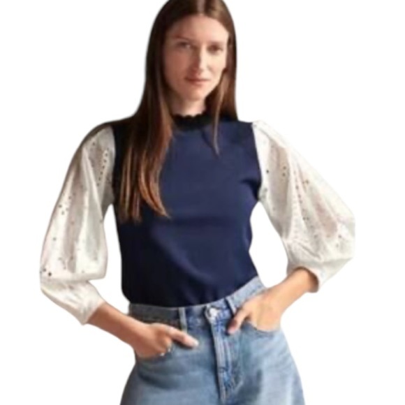 Veronica Beard Women's Roy Mixed Media Pullover Knit Sweater Navy White Size XS - Picture 2 of 13